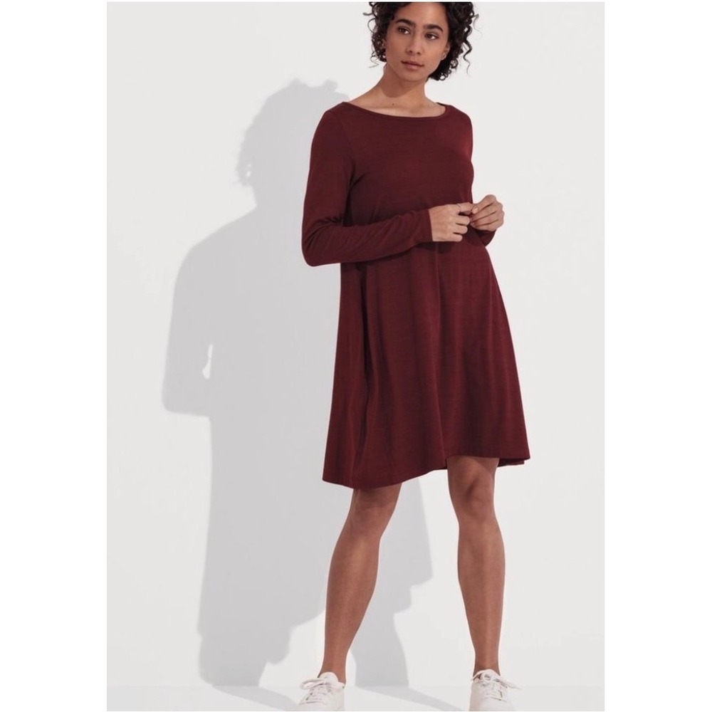 Wool& Rowena Swing Dress XS Burgundy Merino Wool Long Sleeve Pockets
